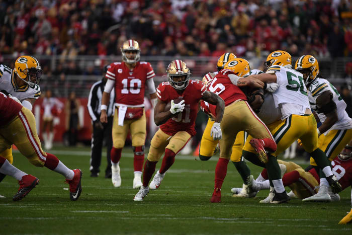 Mostert gashed the Packers in the NFC Championship game for 220 yards and 4 touchdowns on 29 carries. (John W. McDonough)